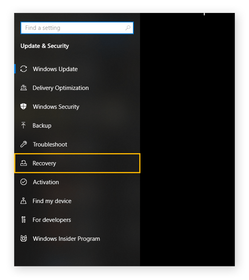 The menu for Update & Security in Windows Settings. "Recovery" is circled.